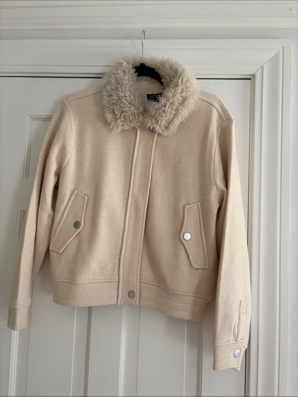 J. Crew Cream Wool Jacket with Faux-Shearling Collar